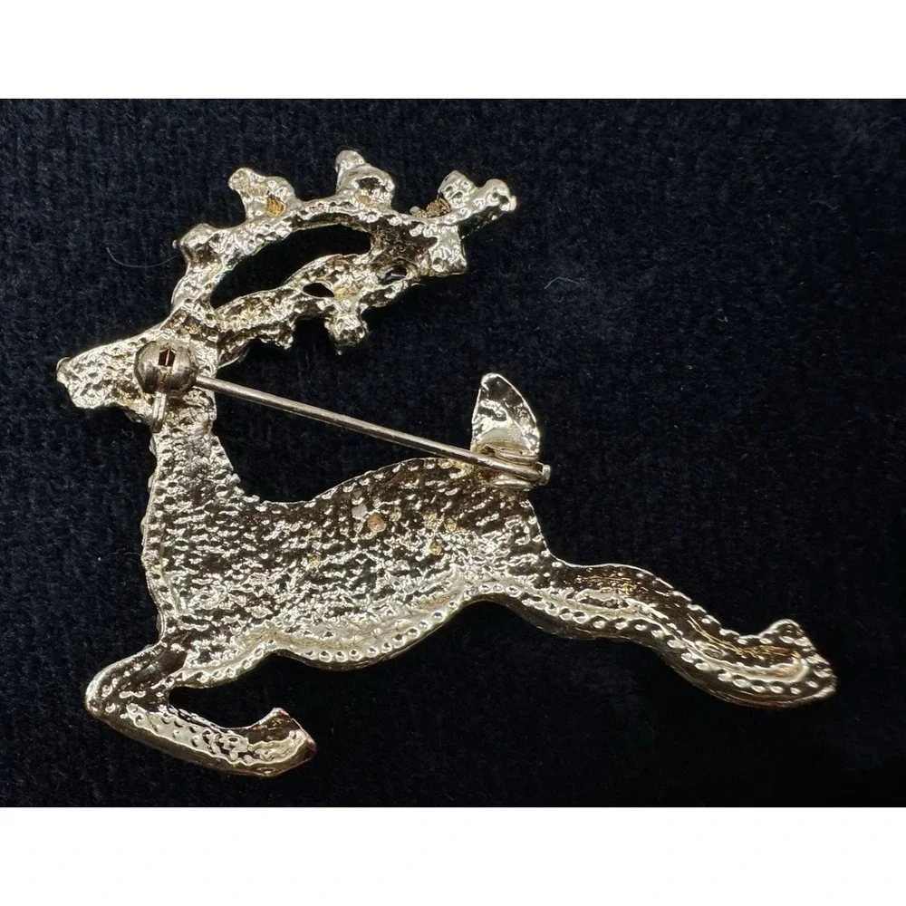 Christmas Reindeer Brooch Rhinestone Pave Gold Tone Red Enamel Holly Pin - Picture 5 of 10